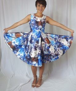 White and Blue Rust Flower Print Fit and Flare Jacquard Dress