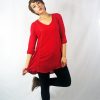 Embroidered Sleeve Tunic Dress Red  Top