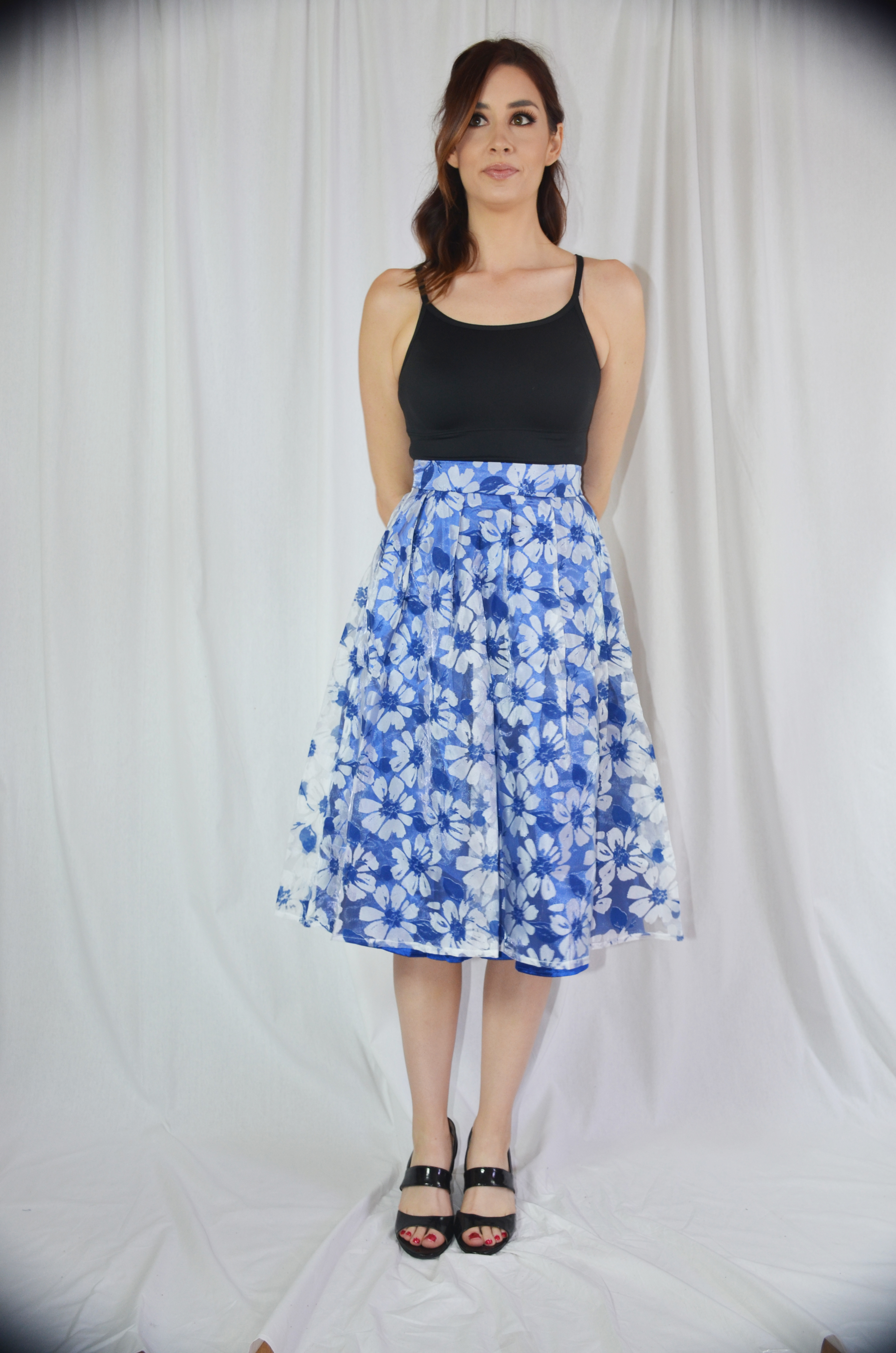 Blue with White Flower Midi Skirt