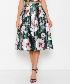 Green and Pink Floral High Waist Midi Skirt